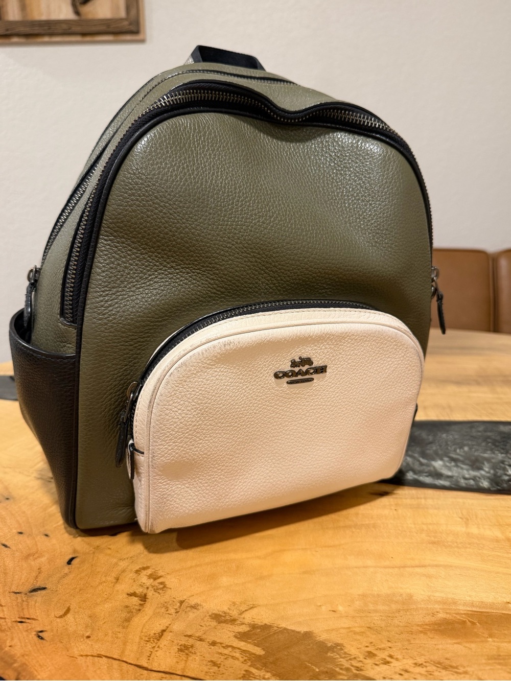 Coach Pebbled Leather Backpack in Olive Green, Cream & Black